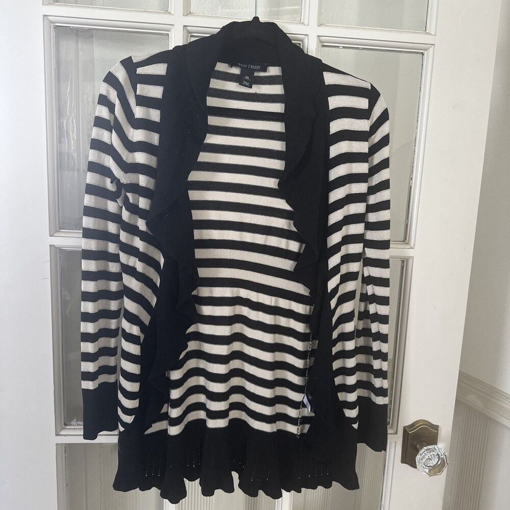 White House Black Market Silk Cardigan Striped Ruffle Women's XS
